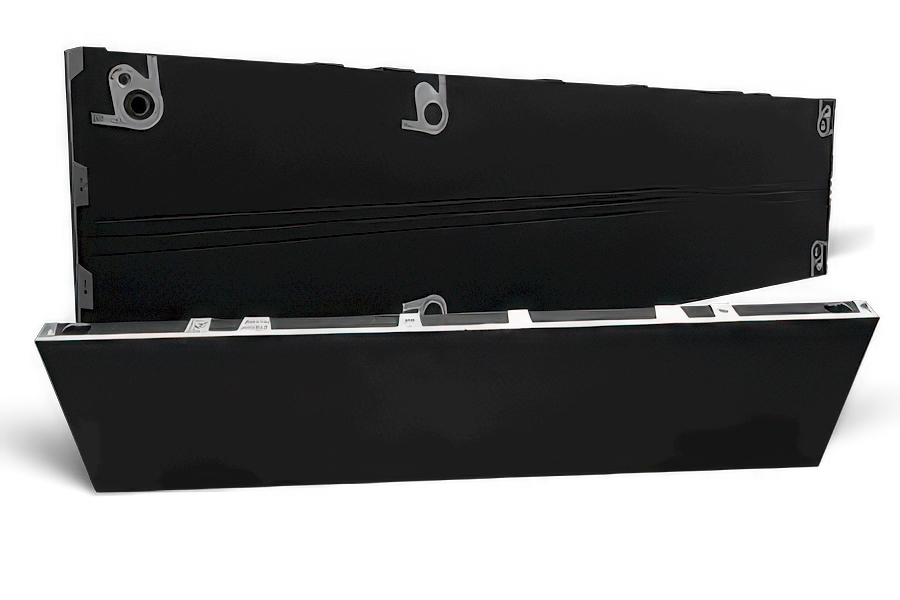 ARECH indoor LED display cabinet at an angle, slim black front panel with edge locks