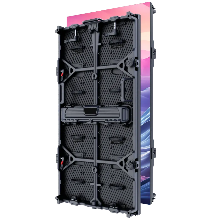 Rental LED display panels stacked in road-case cabinets — fast-rigged for touring events.